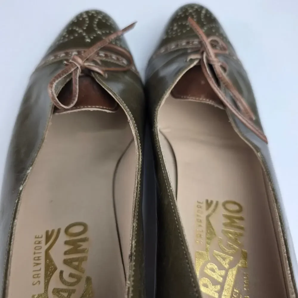 70's Salvatore Ferragamo Olive Green Leather Brogue Wingtip Lace-up Oxfords 7AA